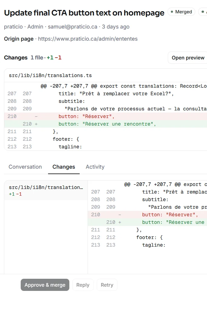 A pull request on GitHub opened by Modifee with the code for the client's change.