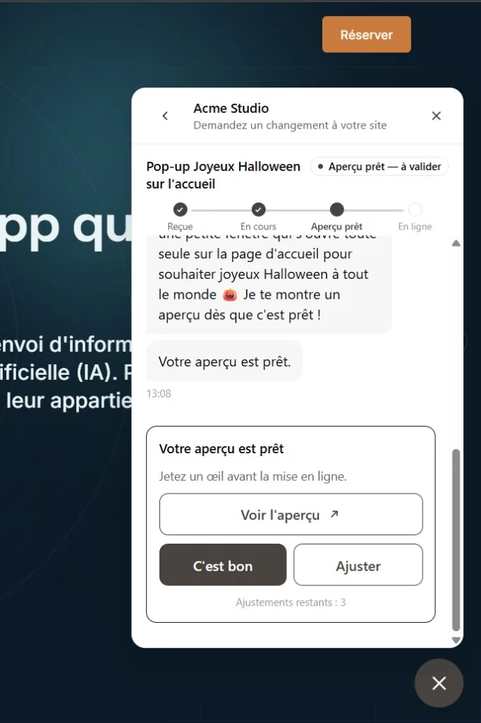 The widget telling the client their preview is ready, with a link to open it before it goes live.