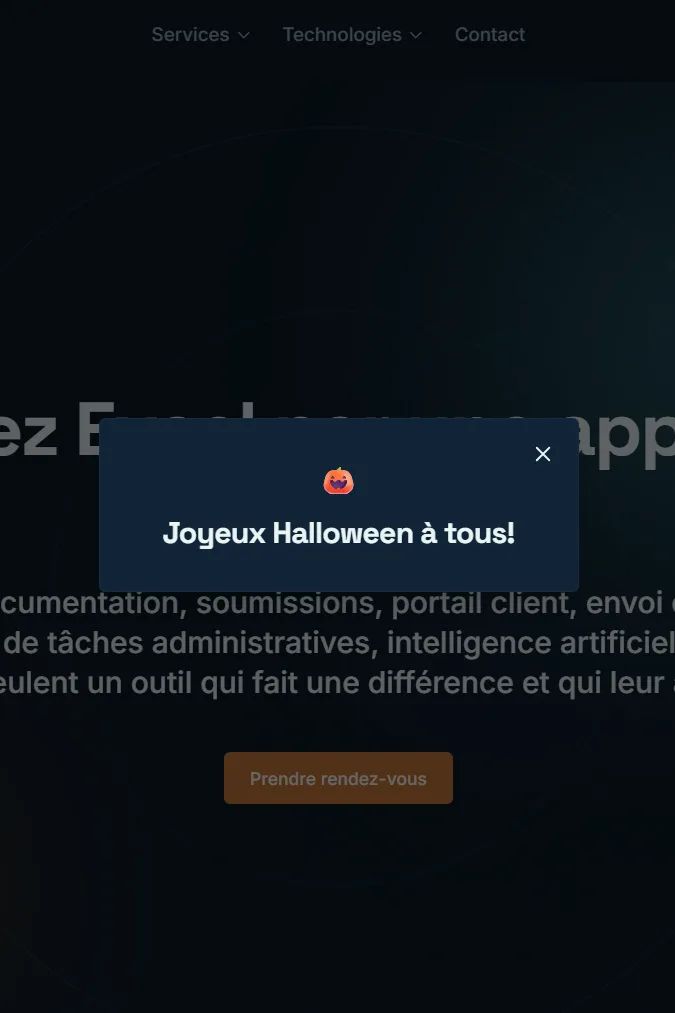 The small change live on the client's site: a Halloween greeting they can close.